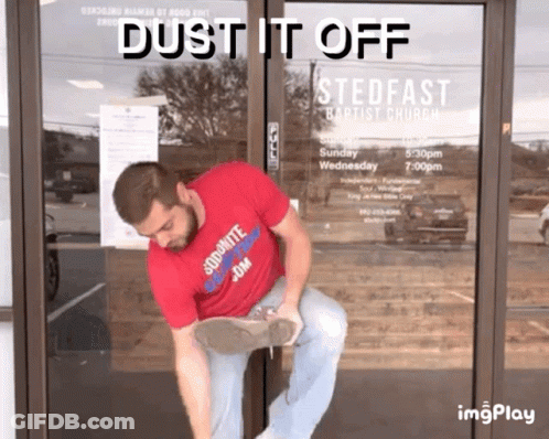 Man In Red Dust It Off Shirt Cleaning Door GIF