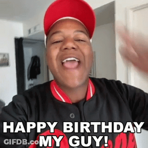 Man In Red Hat And Black Shirt Making Funny Face Saying Happy Birthday My Guy GIF