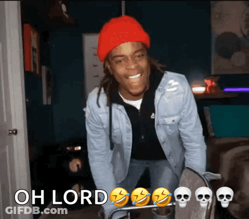 Man In Red Hat And Denim Jacket Says Oh Lord GIF