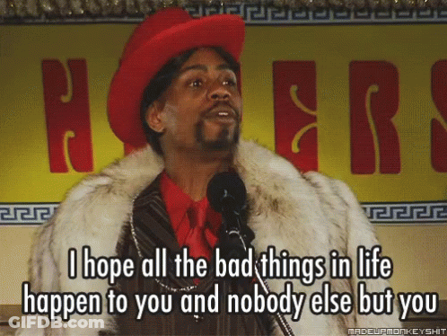 Man In Red Hat And Fur Coat Says I Hope All The Bad Things In Life Happen To You GIF