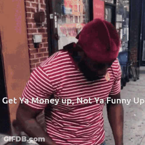 Man In Red Hat And Striped Shirt Says Get Ya Money Up GIF