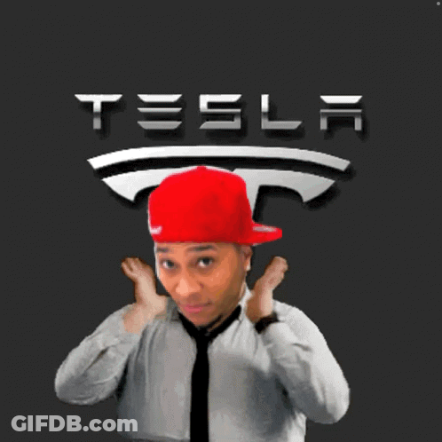 Man In Red Hat And Tie With Tesla Logo GIF