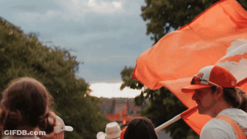 Man In Red Hat Holding Orange Flag GIF