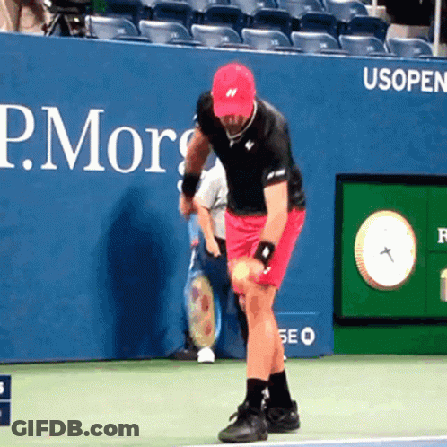 Man In Red Hat Holding Tennis Ball In Front Of P. Morrison Advertisement GIF