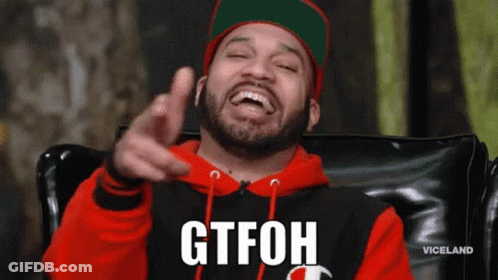 Man In Red Hoodie And Green Hat Pointing Says Gtfoh GIF