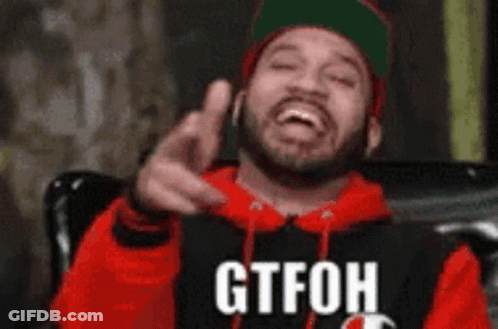 Man In Red Hoodie And Green Hat Pointing Says Gtfoh GIF