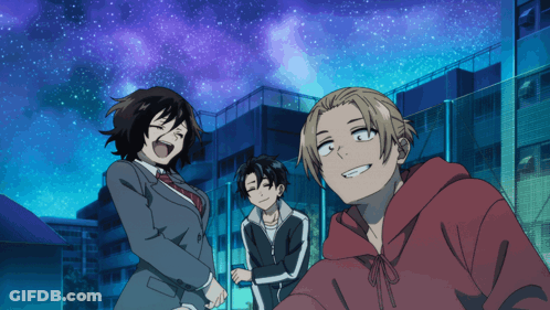 Man In Red Hoodie Standing Next To Two People GIF