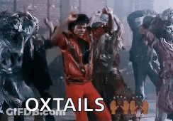 Man In Red Jacket Dancing In Front Of Zombies Oxtails GIF