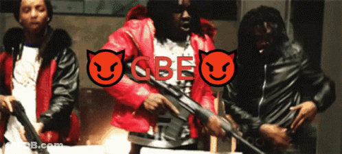 Man In Red Jacket Holding Gun In Front Of CBE Sign GIF