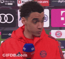 Man In Red Jacket Holding Sky Sport Microphone GIF
