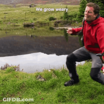 Man In Red Jacket Kneeling Near Lake GIF