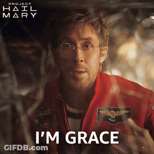 Man In Red Jacket Says I'm Grace In Front Of Project Hail Mary Poster GIF