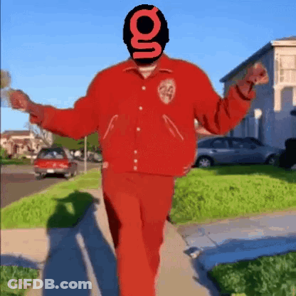 Man In Red Jacket Walking With Arms Outstretched GIF