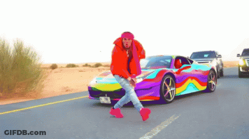 Man In Red Jacket With Rainbow Car And NC License Plate GIF