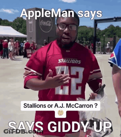 Man In Red Jersey Says Giddy Up GIF