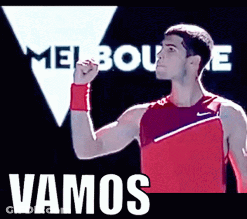 Man In Red Nike Tank Top In Front Of Melbourne Sign GIF