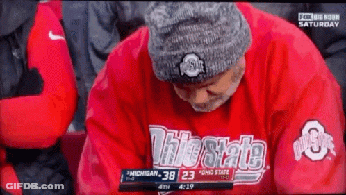 Man In Red Ohio State Shirt And Gray Hat GIF