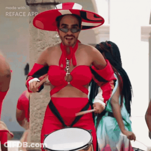 Man In Red Playing Drum With Reface App GIF