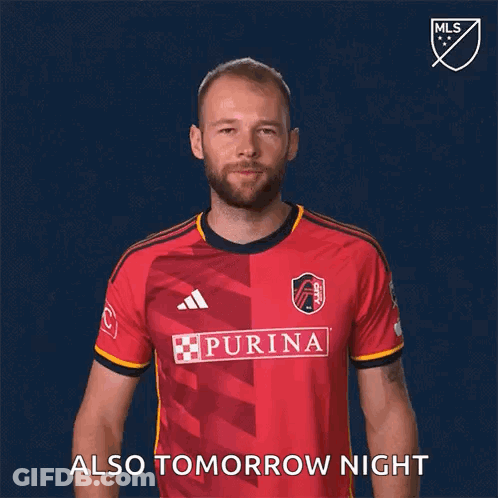 Man In Red Purina Jersey Saying Also Tomorrow Night GIF