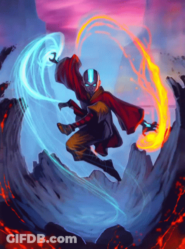 Man In Red Robe Flying Holding Blue And Orange Flame GIF