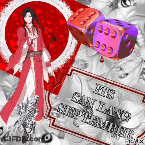 Man In Red Robe Next To Purple Dice And Sign It's San Lang September GIF