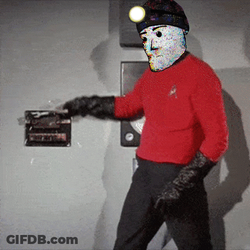 Man In Red Shirt And Black Gloves Beside Emergency Exit Sign GIF