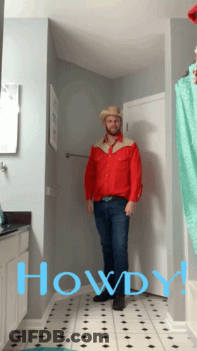 Man In Red Shirt And Cowboy Hat Saying Howdy GIF