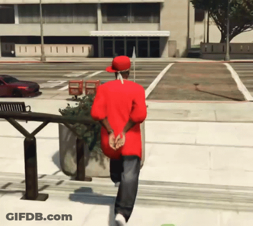 Man In Red Shirt And Hat Walking GIF
