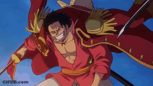 Man In Red Shirt And Straw Hat Holding Sword GIF