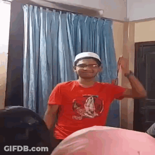 Man In Red Shirt And White Hat Dancing GIF