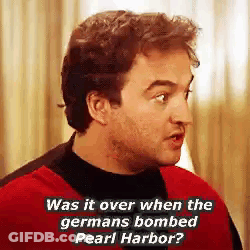 Man In Red Shirt Asking About Pearl Harbor GIF