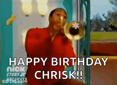 Man In Red Shirt Blowing Trumpet Says Happy Birthday Chris GIF