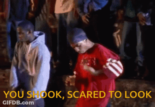 Man In Red Shirt Dancing With You Shook Scared To Look GIF