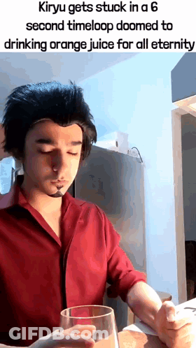 Man In Red Shirt Drinking Orange Juice GIF