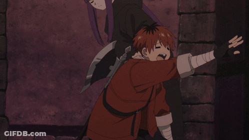 Man In Red Shirt Held By Woman In Black Robe GIF