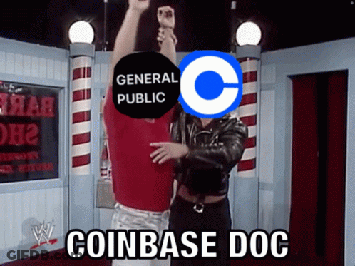 Man In Red Shirt Held Up By Man With Coinbase Logo On Head GIF