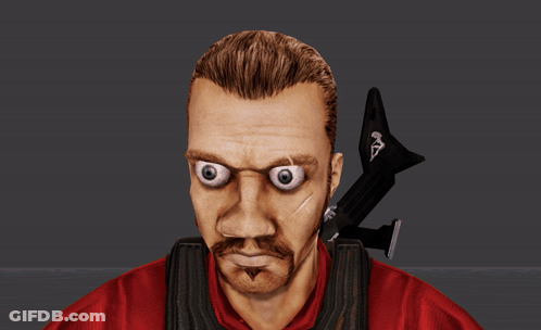 Man In Red Shirt Holding Black Object With Letter A GIF