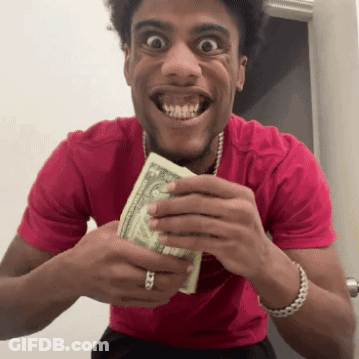 Man In Red Shirt Holding Dollar Bill In Mouth GIF