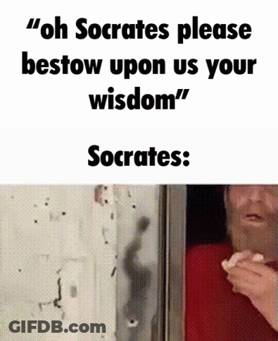 Man In Red Shirt Holding Napkin With Socrates Quote GIF