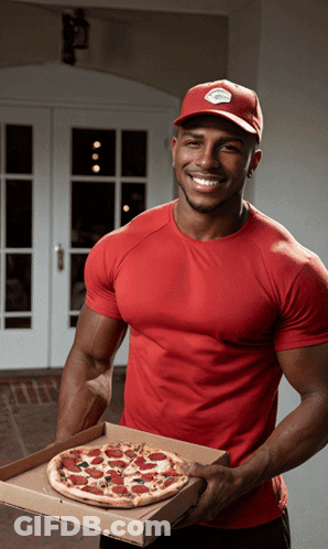 Man In Red Shirt Holding Pizza Box GIF