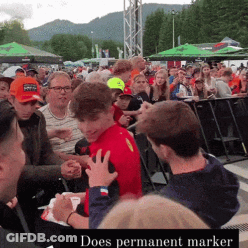 Man In Red Shirt In Crowd Does Permanent Marker GIF