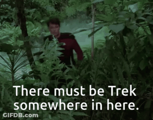 Man In Red Shirt In Forest Saying There Must Be Trek Somewhere In Here GIF