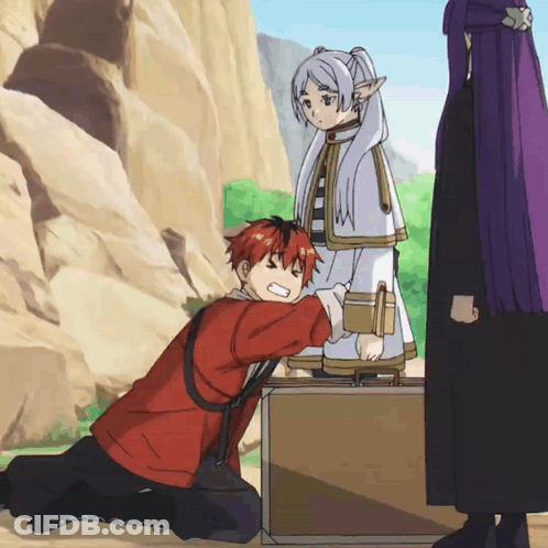 Man In Red Shirt Kneeling Beside Girl With White Hair GIF