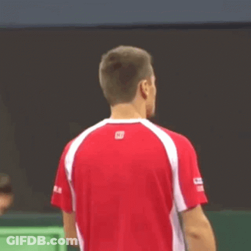 Man In Red Shirt Playing Tennis On Green Court GIF