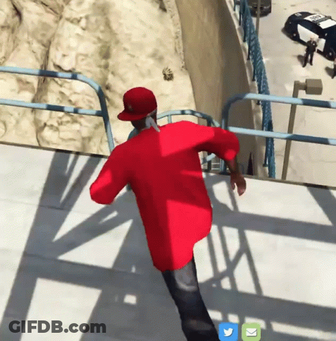 Man In Red Shirt Running Down Stairs GIF
