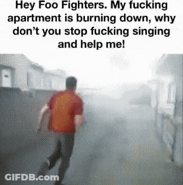 Man In Red Shirt Running With Foo Fighters Quote GIF