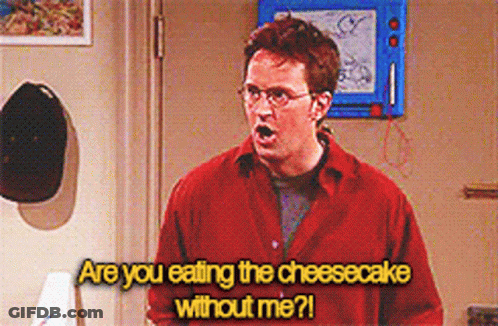 Man In Red Shirt Saying Are You Eating Cheesecake Without Me GIF