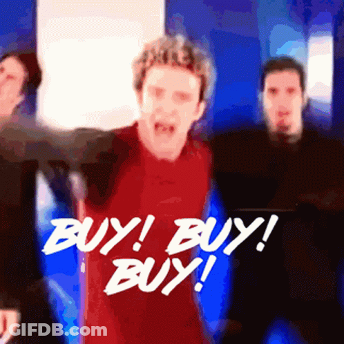 Man In Red Shirt Saying Buy Buy Buy GIF