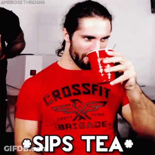 Man In Red Shirt Saying Crossfit Brigade Drinking From Red Cup GIF