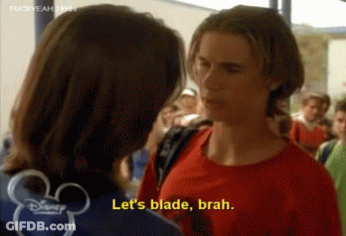 Man In Red Shirt Says Let's Blade Brah To Woman GIF